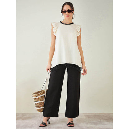 First Resort by Ramola Bachchan Off White Linen Top with Bead Lace