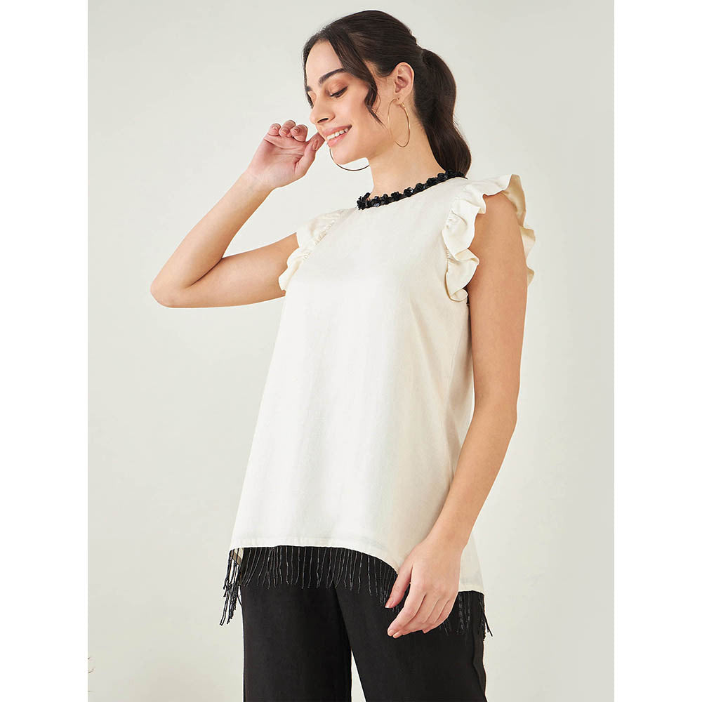 First Resort by Ramola Bachchan Off White Linen Top with Bead Lace
