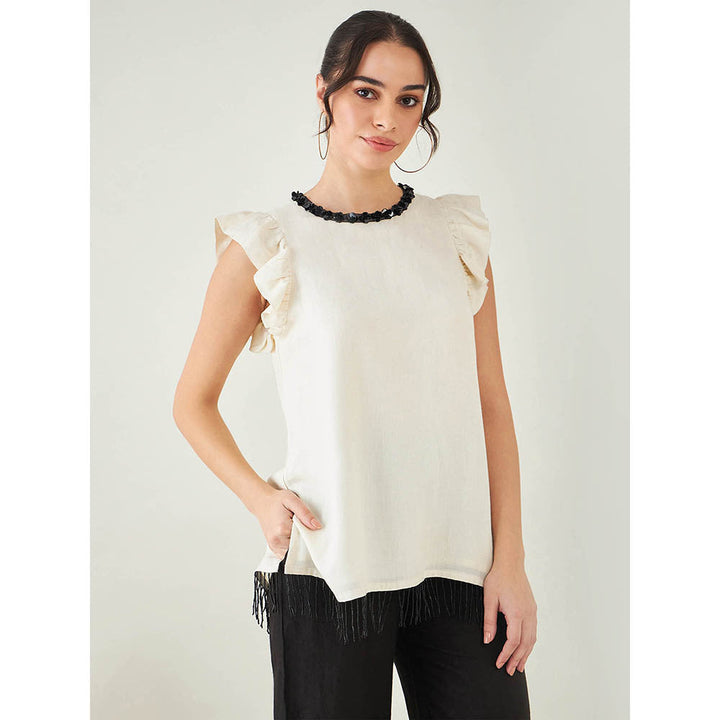 First Resort by Ramola Bachchan Off White Linen Top with Bead Lace