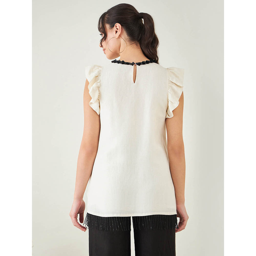 First Resort by Ramola Bachchan Off White Linen Top with Bead Lace