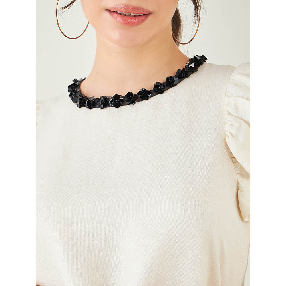 First Resort by Ramola Bachchan Off White Linen Top with Bead Lace