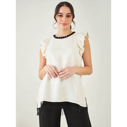 First Resort by Ramola Bachchan Off White Linen Top with Bead Lace