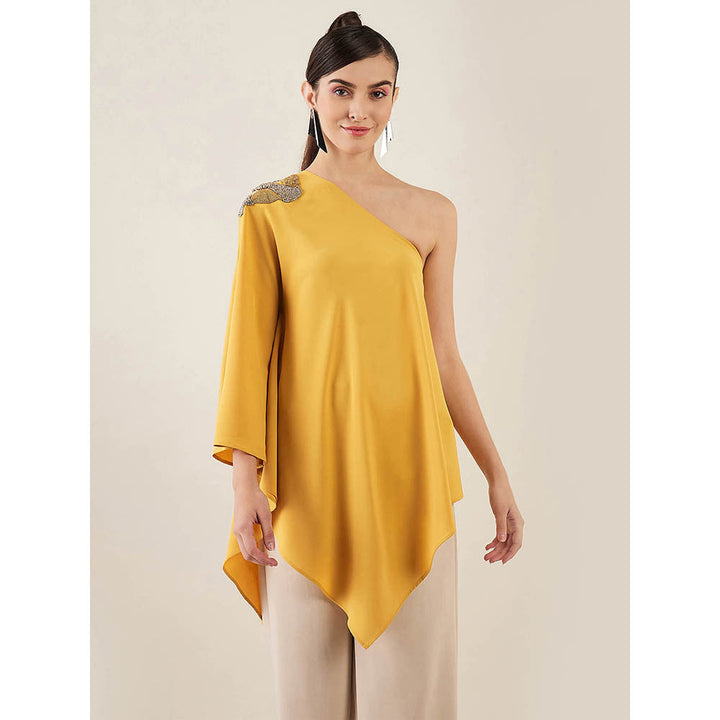 First Resort by Ramola Bachchan Mustard One-Shoulder Crystal Embroidered Top