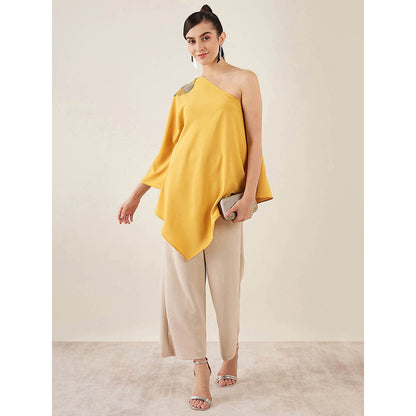 First Resort by Ramola Bachchan Mustard One-Shoulder Crystal Embroidered Top