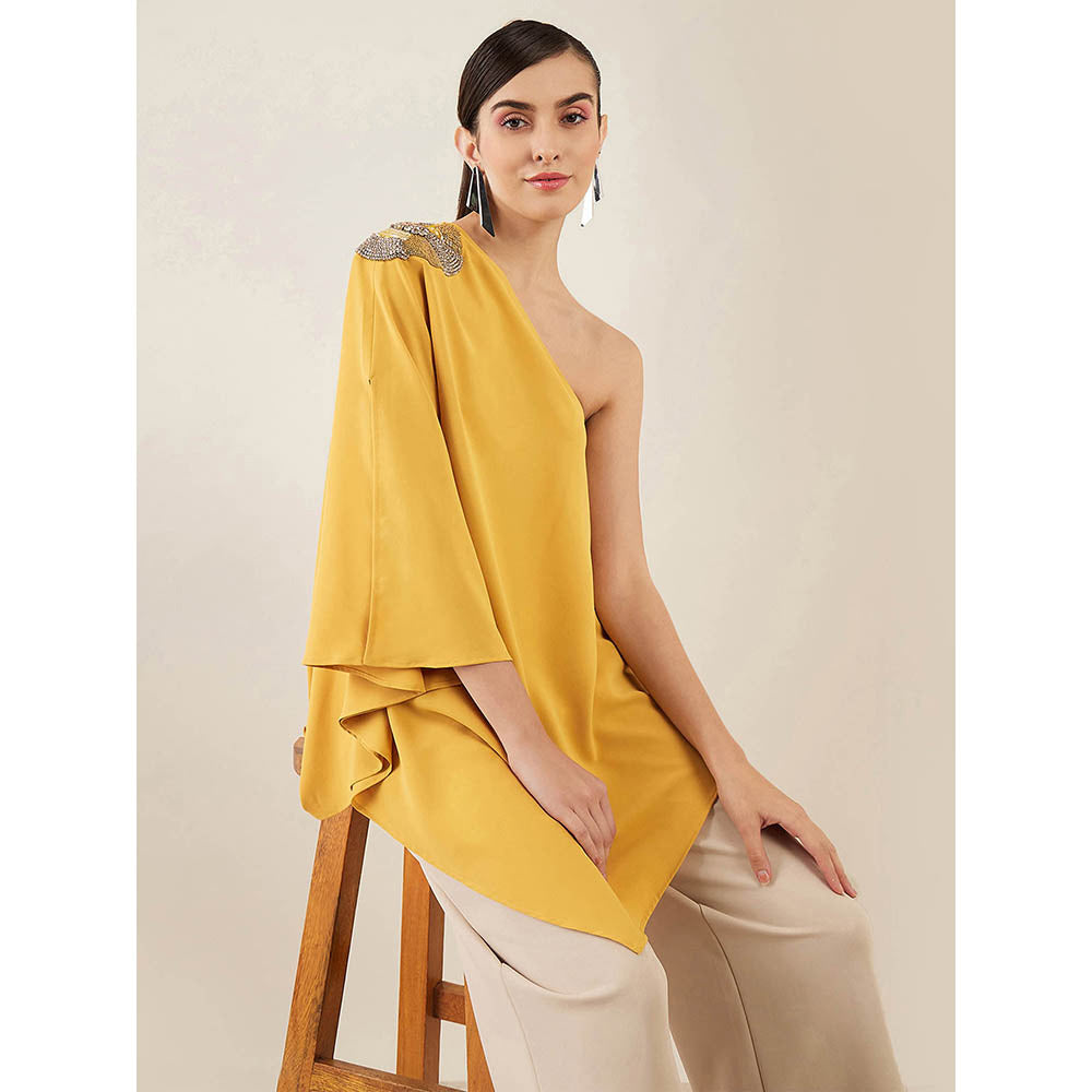First Resort by Ramola Bachchan Mustard One-Shoulder Crystal Embroidered Top