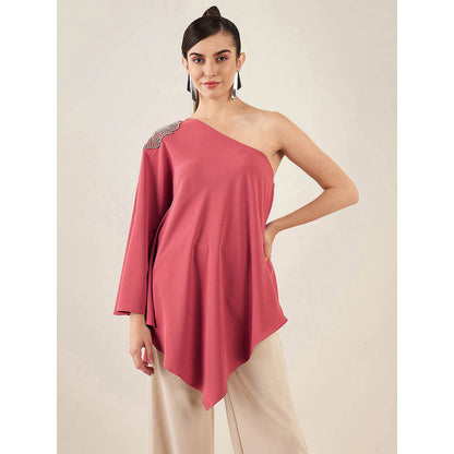 First Resort by Ramola Bachchan Rouge Red One-Shoulder Crystal Embroidered Top