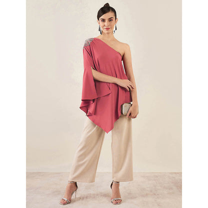 First Resort by Ramola Bachchan Rouge Red One-Shoulder Crystal Embroidered Top