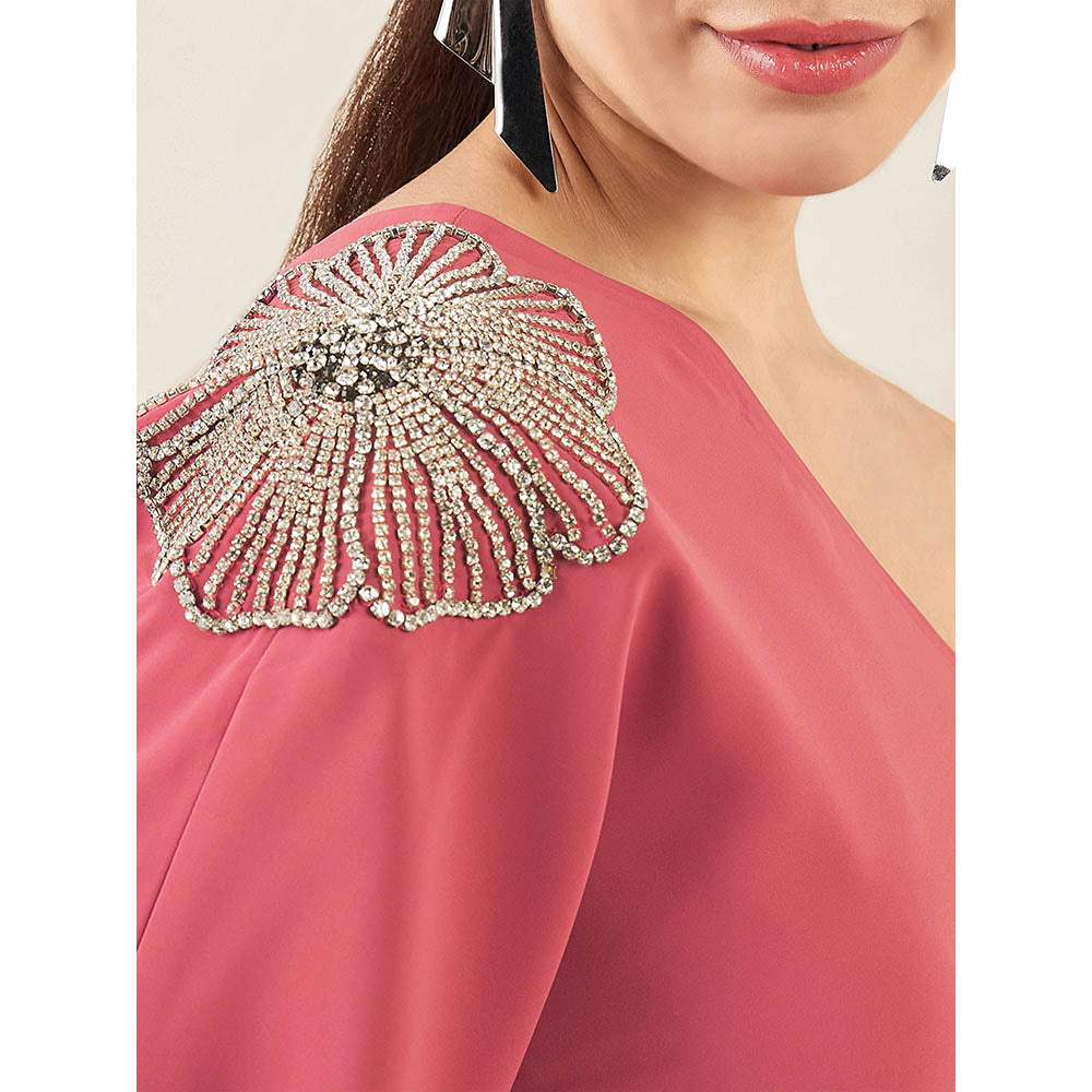 First Resort by Ramola Bachchan Rouge Red One-Shoulder Crystal Embroidered Top
