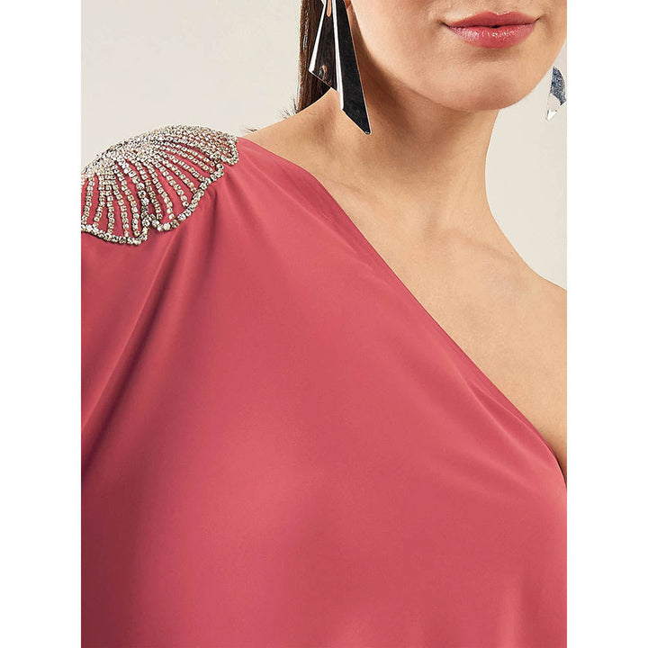 First Resort by Ramola Bachchan Rouge Red One-Shoulder Crystal Embroidered Top