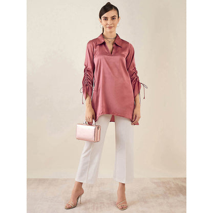 First Resort by Ramola Bachchan Old Rose Gathered Sleeves Embellished Satin Tunic