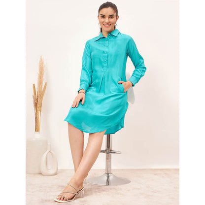 First Resort by Ramola Bachchan Teal Blue Silk Shirt Dress