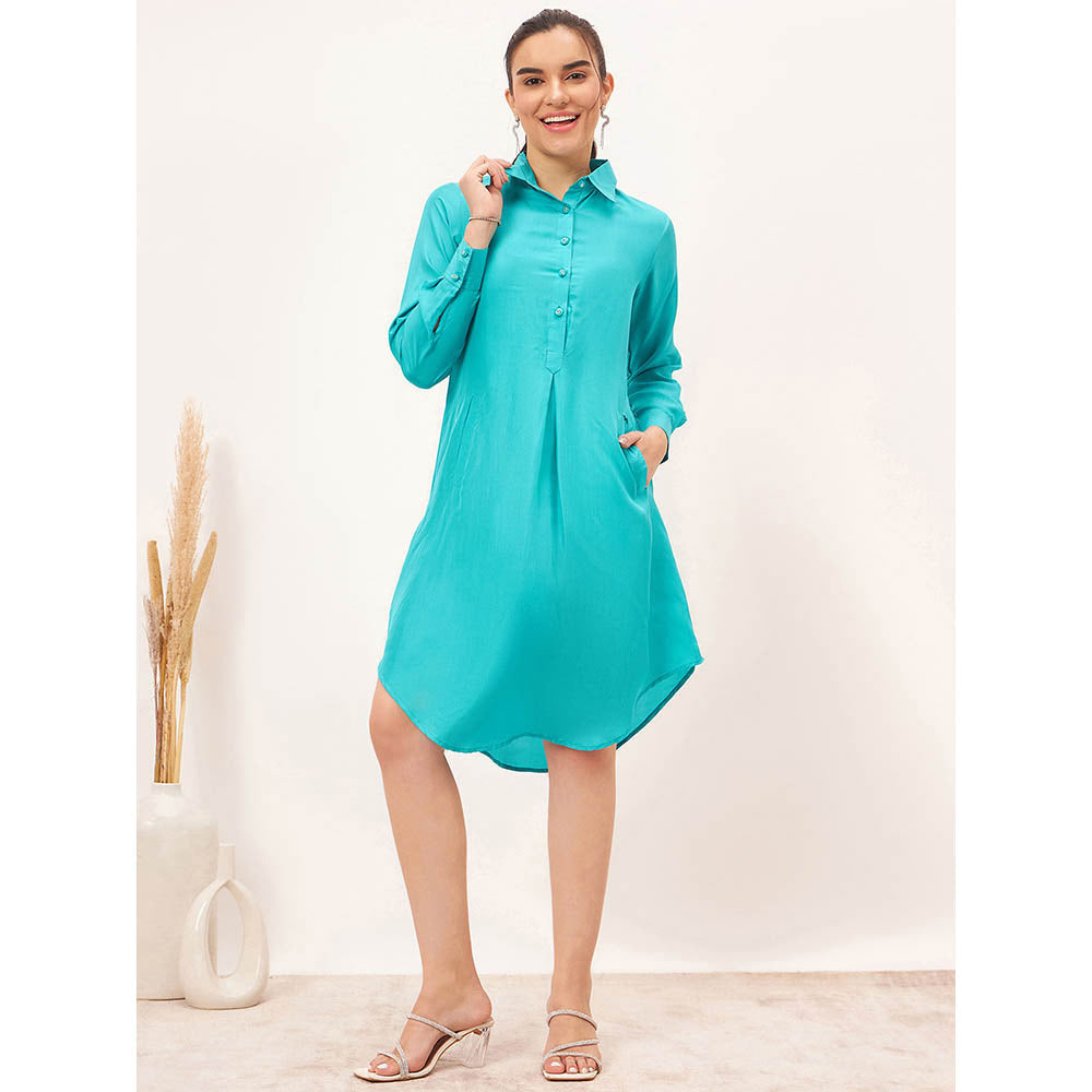 First Resort by Ramola Bachchan Teal Blue Silk Shirt Dress