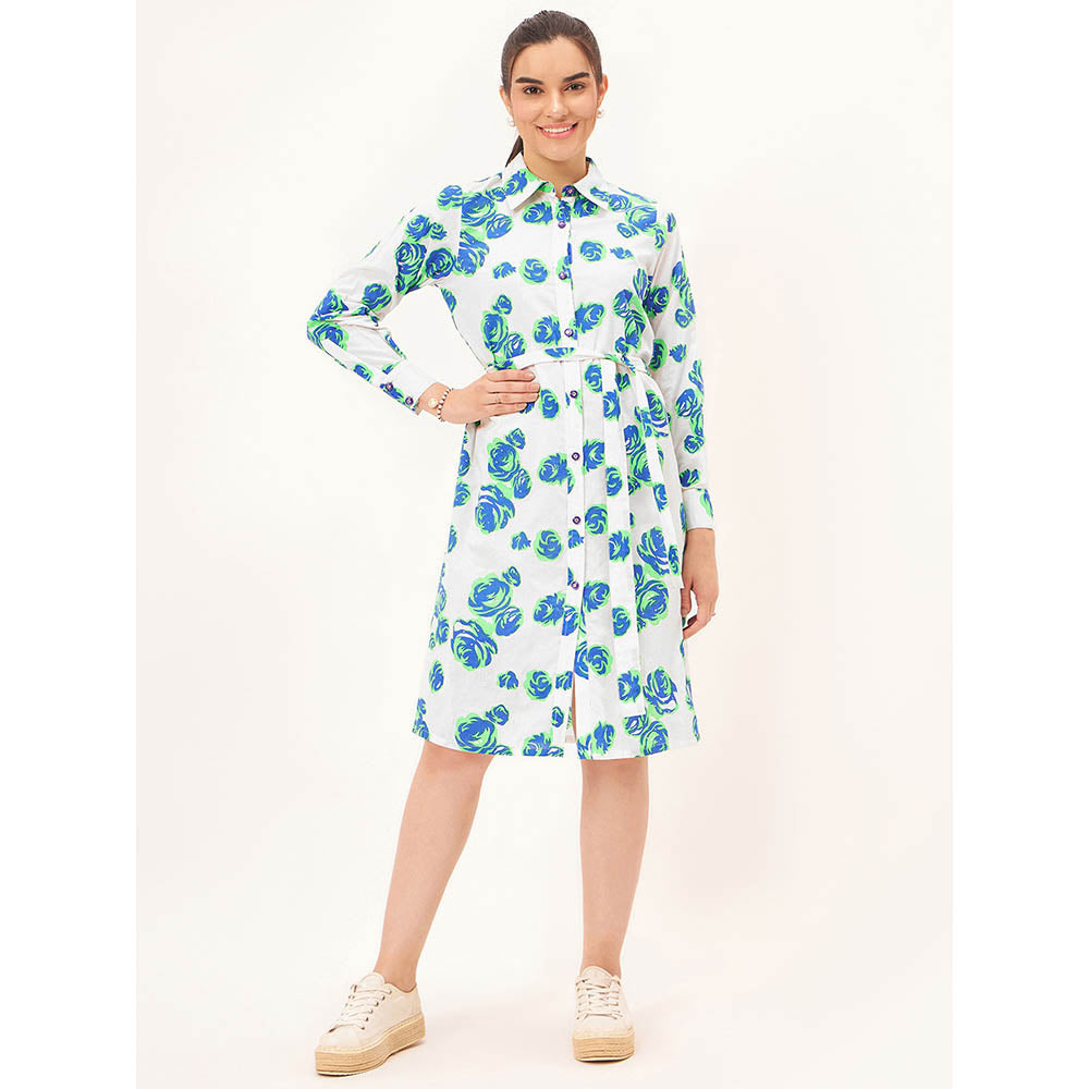 First Resort by Ramola Bachchan White and Green Rose Print Shirt Dress with Belt (Set of 2)