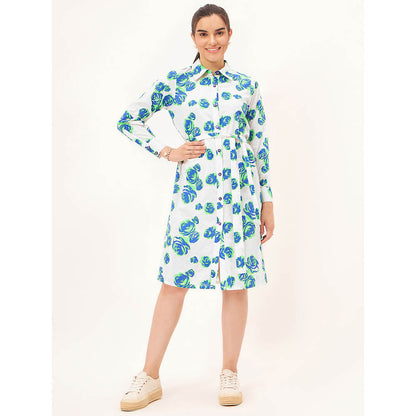 First Resort by Ramola Bachchan White and Green Rose Print Shirt Dress with Belt (Set of 2)