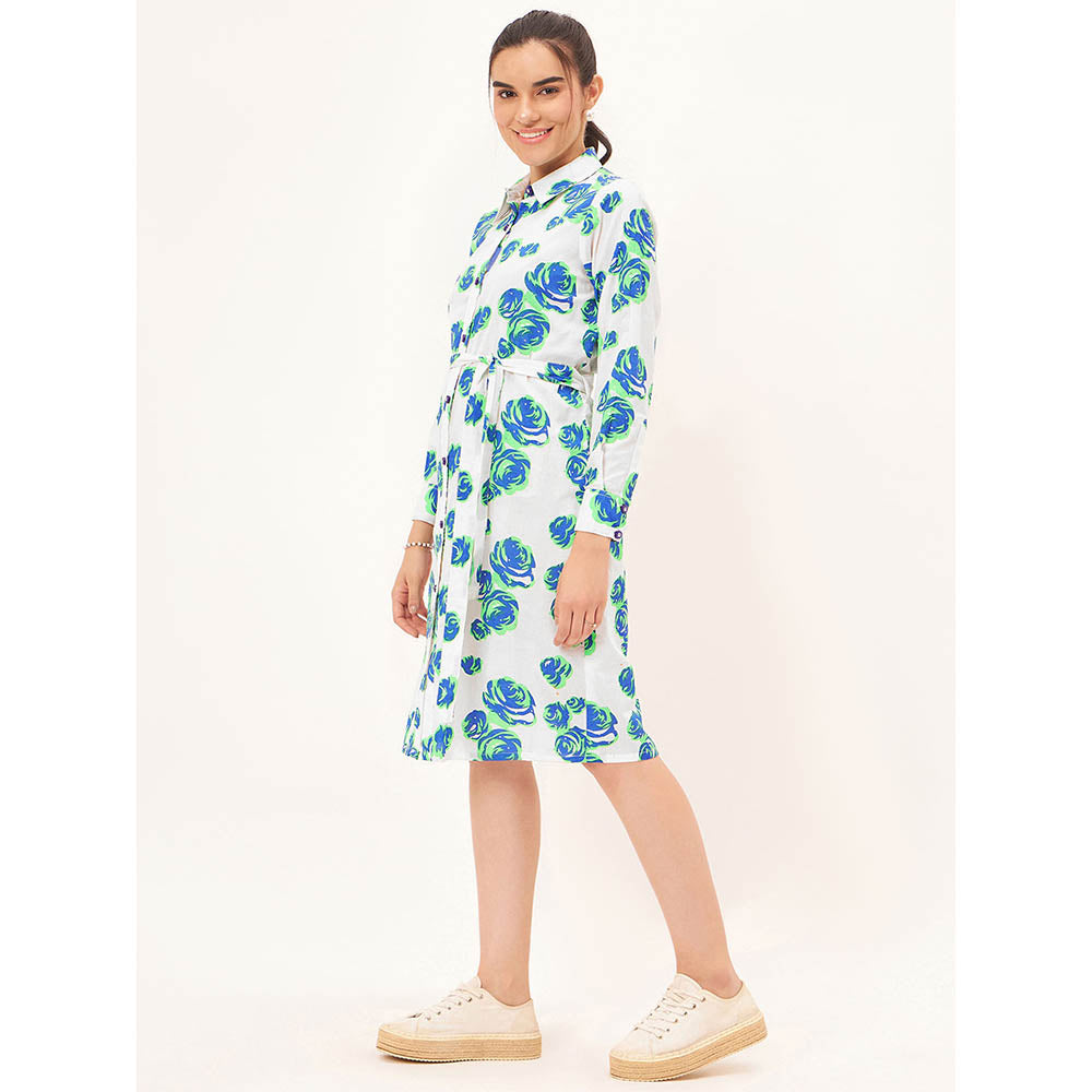 First Resort by Ramola Bachchan White and Green Rose Print Shirt Dress with Belt (Set of 2)