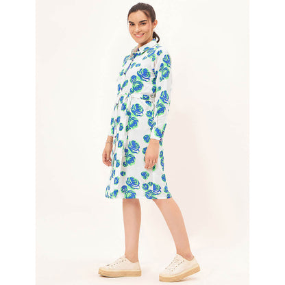 First Resort by Ramola Bachchan White and Green Rose Print Shirt Dress with Belt (Set of 2)