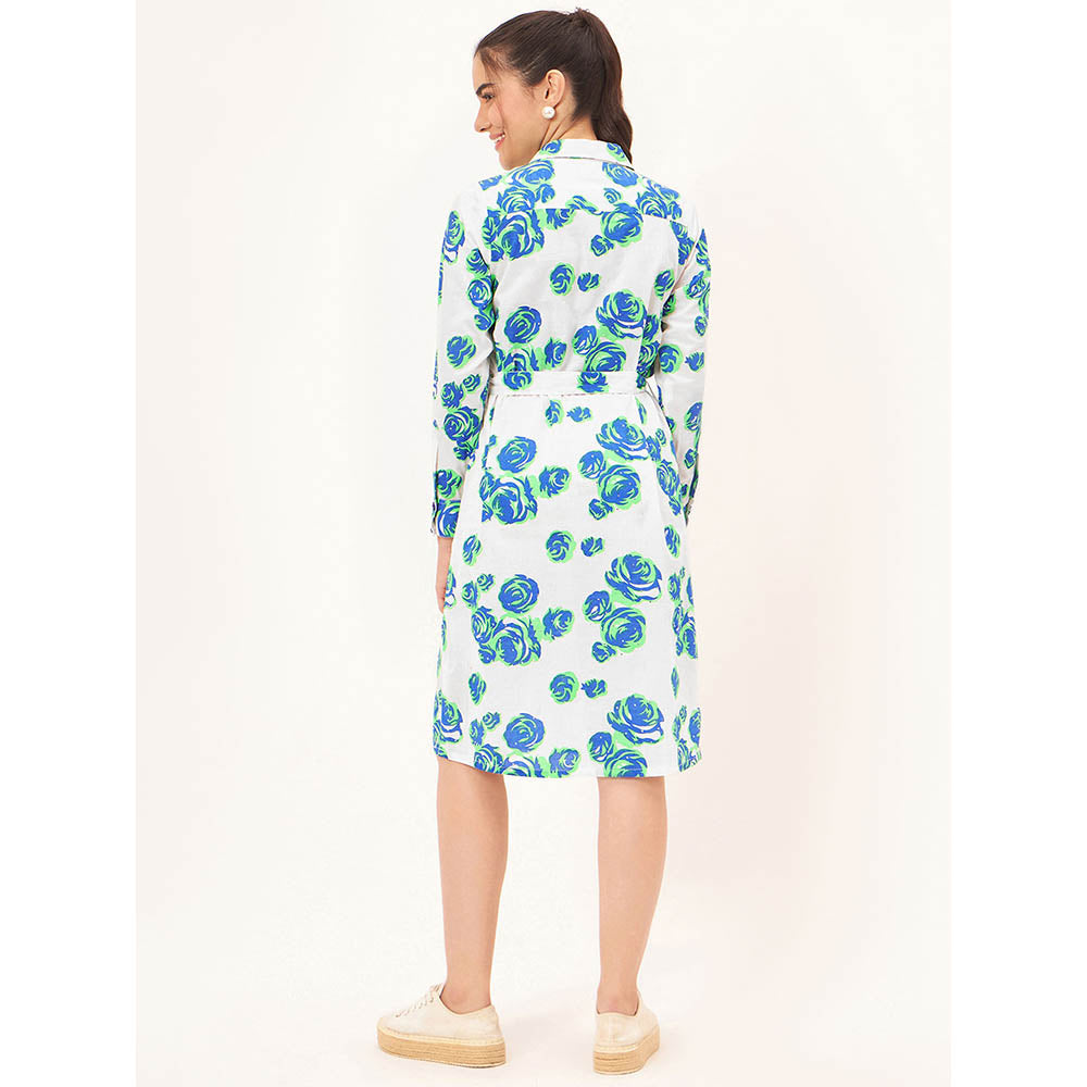 First Resort by Ramola Bachchan White and Green Rose Print Shirt Dress with Belt (Set of 2)