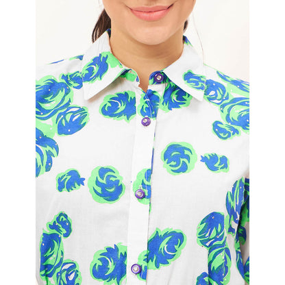 First Resort by Ramola Bachchan White and Green Rose Print Shirt Dress with Belt (Set of 2)