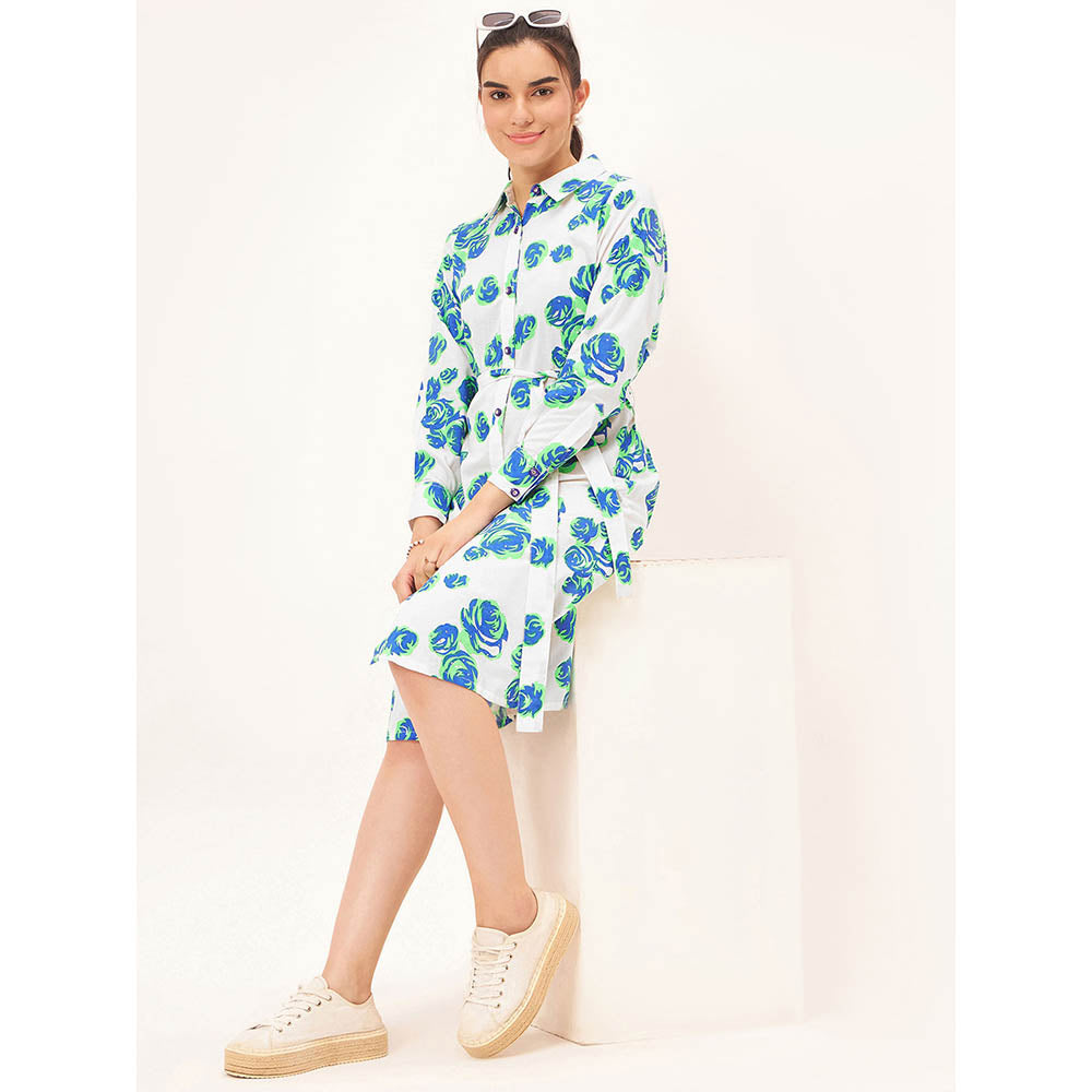 First Resort by Ramola Bachchan White and Green Rose Print Shirt Dress with Belt (Set of 2)