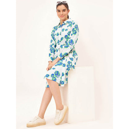 First Resort by Ramola Bachchan White and Green Rose Print Shirt Dress with Belt (Set of 2)