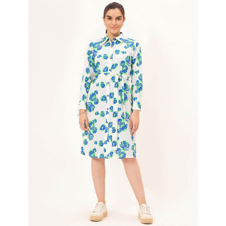 First Resort by Ramola Bachchan White and Green Rose Print Shirt Dress with Belt (Set of 2)