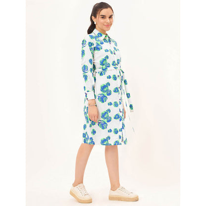 First Resort by Ramola Bachchan White and Green Rose Print Shirt Dress with Belt (Set of 2)