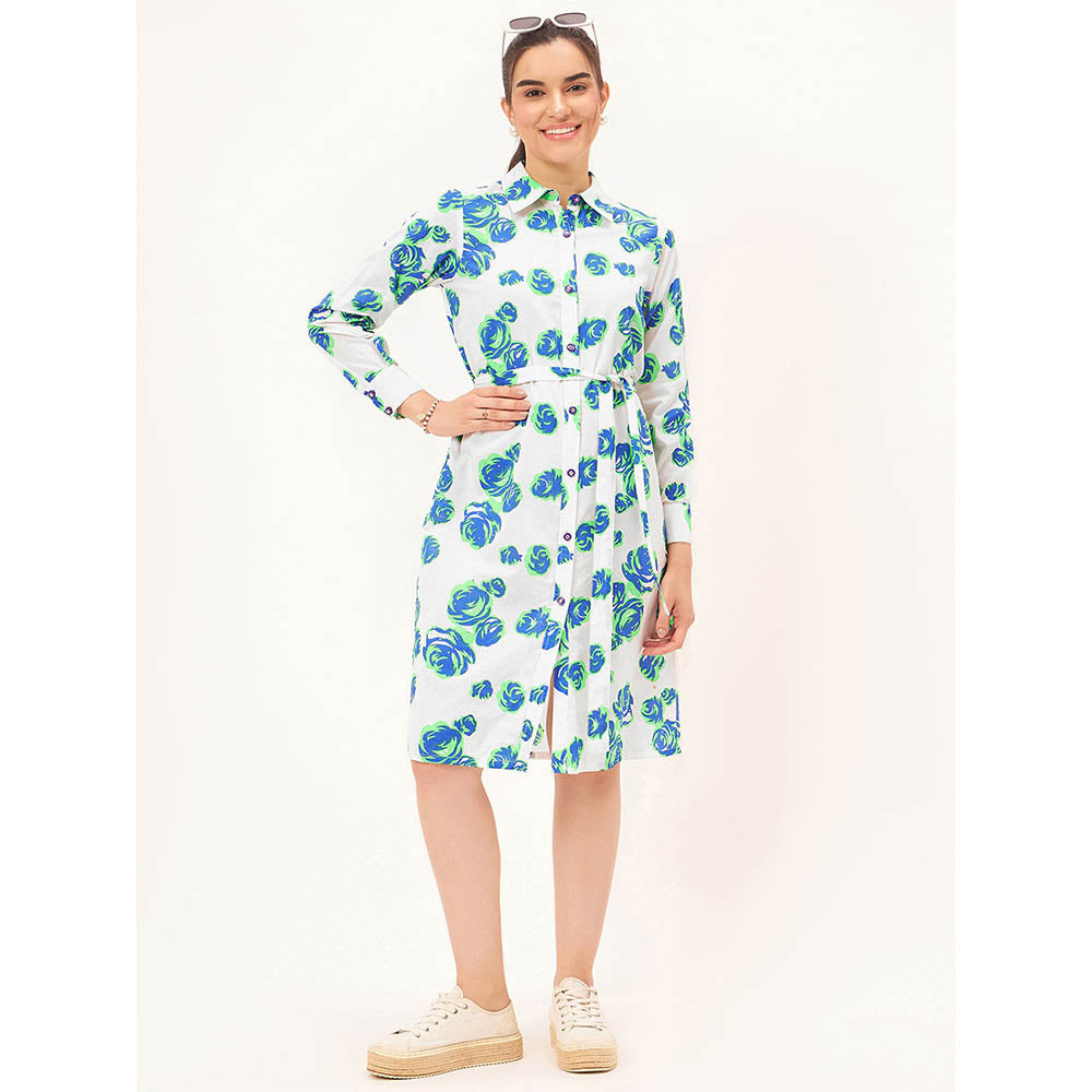 First Resort by Ramola Bachchan White and Green Rose Print Shirt Dress with Belt (Set of 2)
