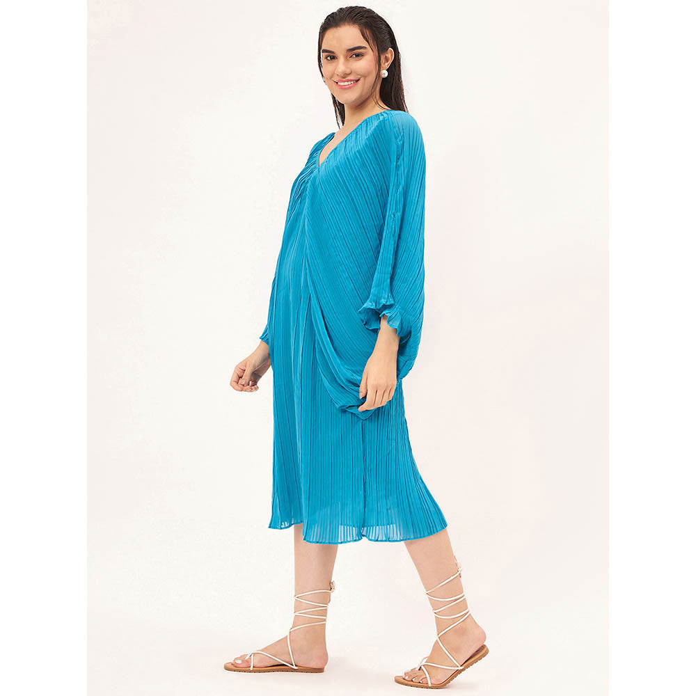 First Resort by Ramola Bachchan Turquoise Pleated Kaftan Dress with Slip (Set of 2)