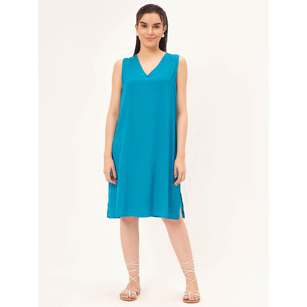 First Resort by Ramola Bachchan Turquoise Pleated Kaftan Dress with Slip (Set of 2)