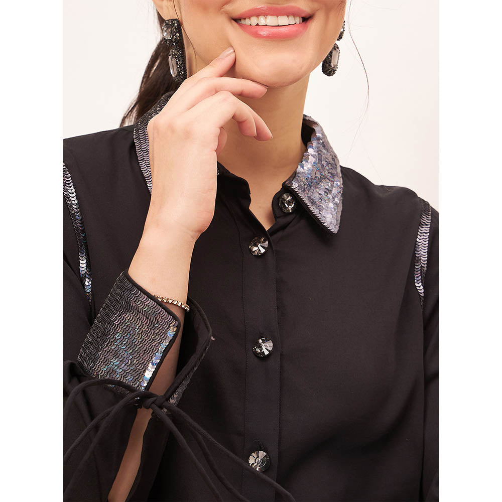 First Resort by Ramola Bachchan Black Sequined Shirt Dress