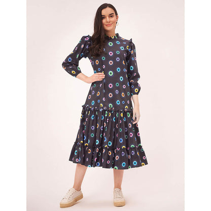 First Resort by Ramola Bachchan Black Evil Eye Frill Midi Length Dress