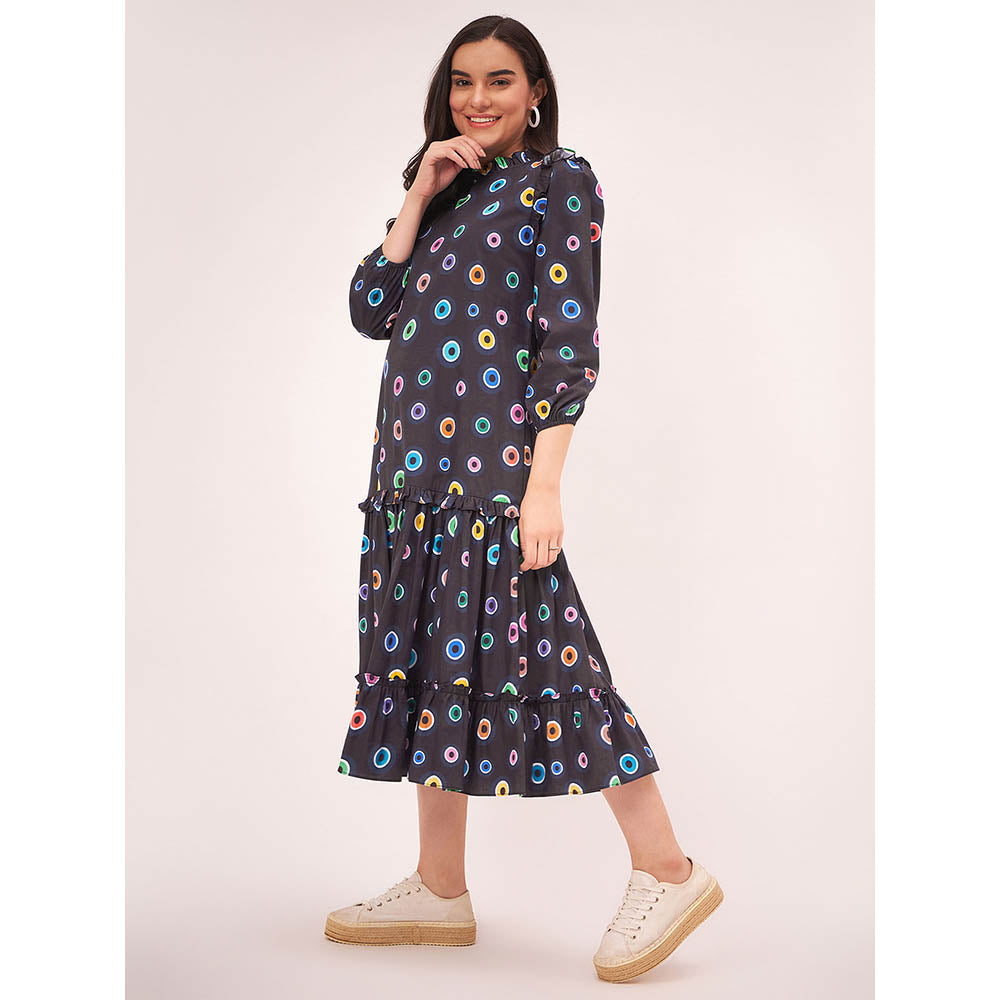 First Resort by Ramola Bachchan Black Evil Eye Frill Midi Length Dress