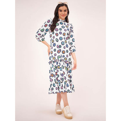 First Resort by Ramola Bachchan White Evil Eye Frill Midi Length Dress