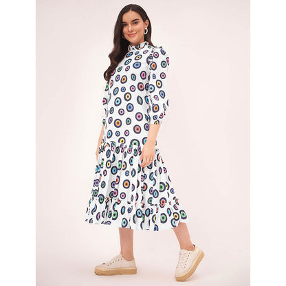 First Resort by Ramola Bachchan White Evil Eye Frill Midi Length Dress