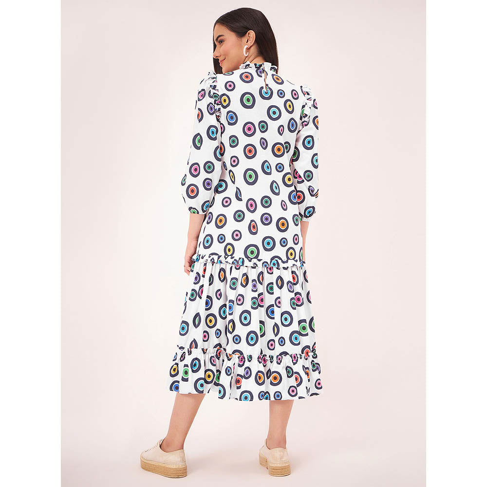 First Resort by Ramola Bachchan White Evil Eye Frill Midi Length Dress