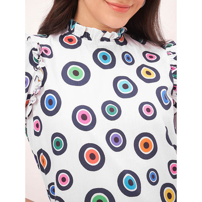 First Resort by Ramola Bachchan White Evil Eye Frill Midi Length Dress