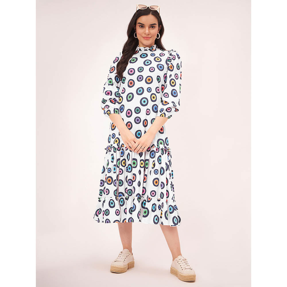 First Resort by Ramola Bachchan White Evil Eye Frill Midi Length Dress