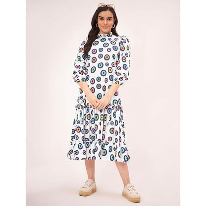 First Resort by Ramola Bachchan White Evil Eye Frill Midi Length Dress