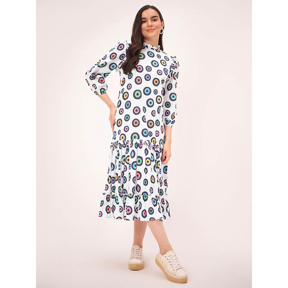 First Resort by Ramola Bachchan White Evil Eye Frill Midi Length Dress