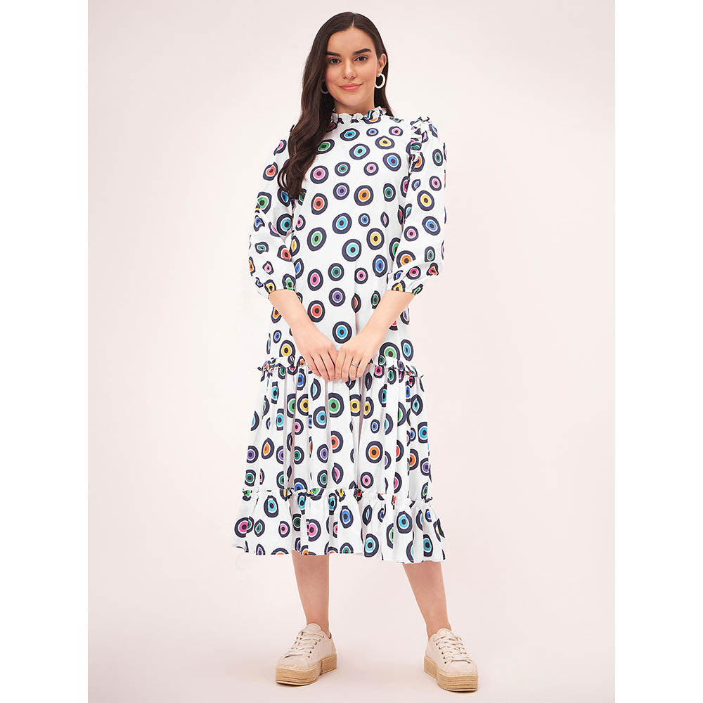 First Resort by Ramola Bachchan White Evil Eye Frill Midi Length Dress