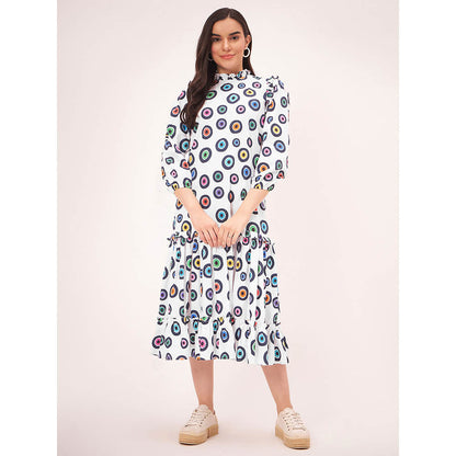First Resort by Ramola Bachchan White Evil Eye Frill Midi Length Dress