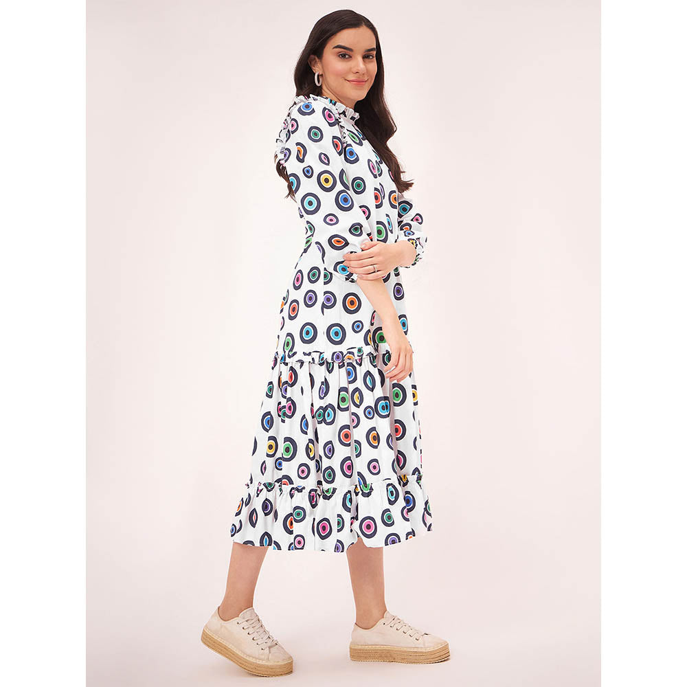 First Resort by Ramola Bachchan White Evil Eye Frill Midi Length Dress