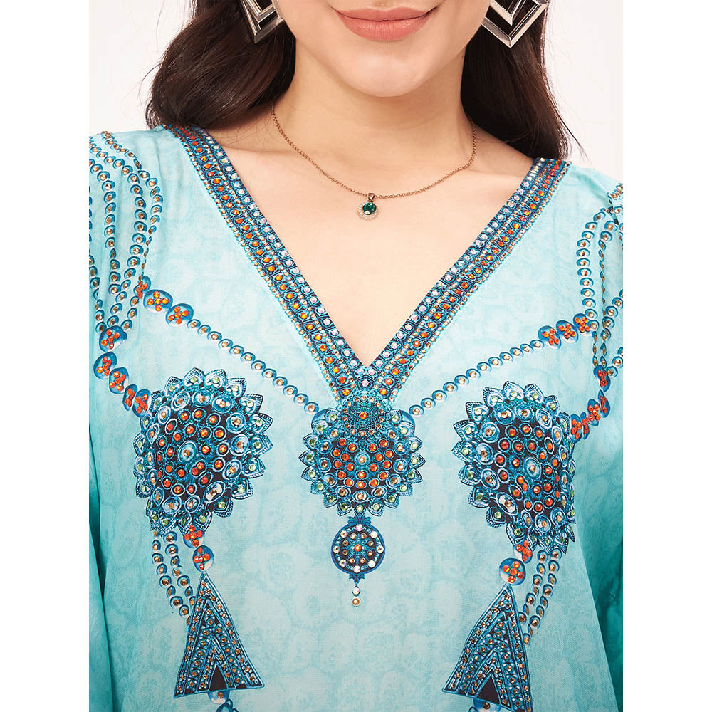 First Resort by Ramola Bachchan Sky Blue Pearl Full Length Kaftan Maxi Dress