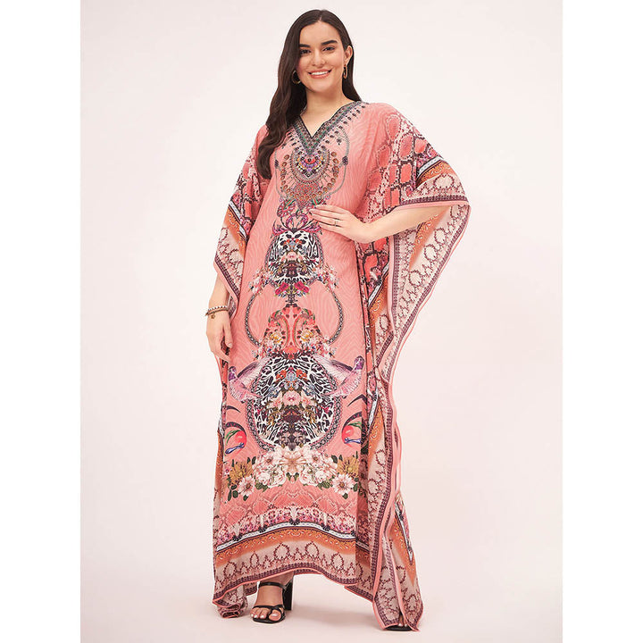 First Resort by Ramola Bachchan Peach Embellished Silk Full Length Kaftan Maxi Dress