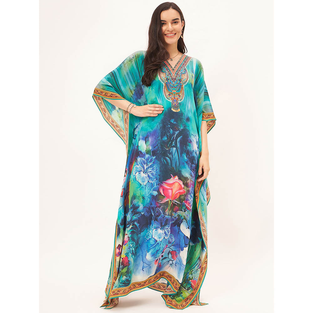 First Resort by Ramola Bachchan Blue & Green Floral Embellished Kaftan Maxi Dress