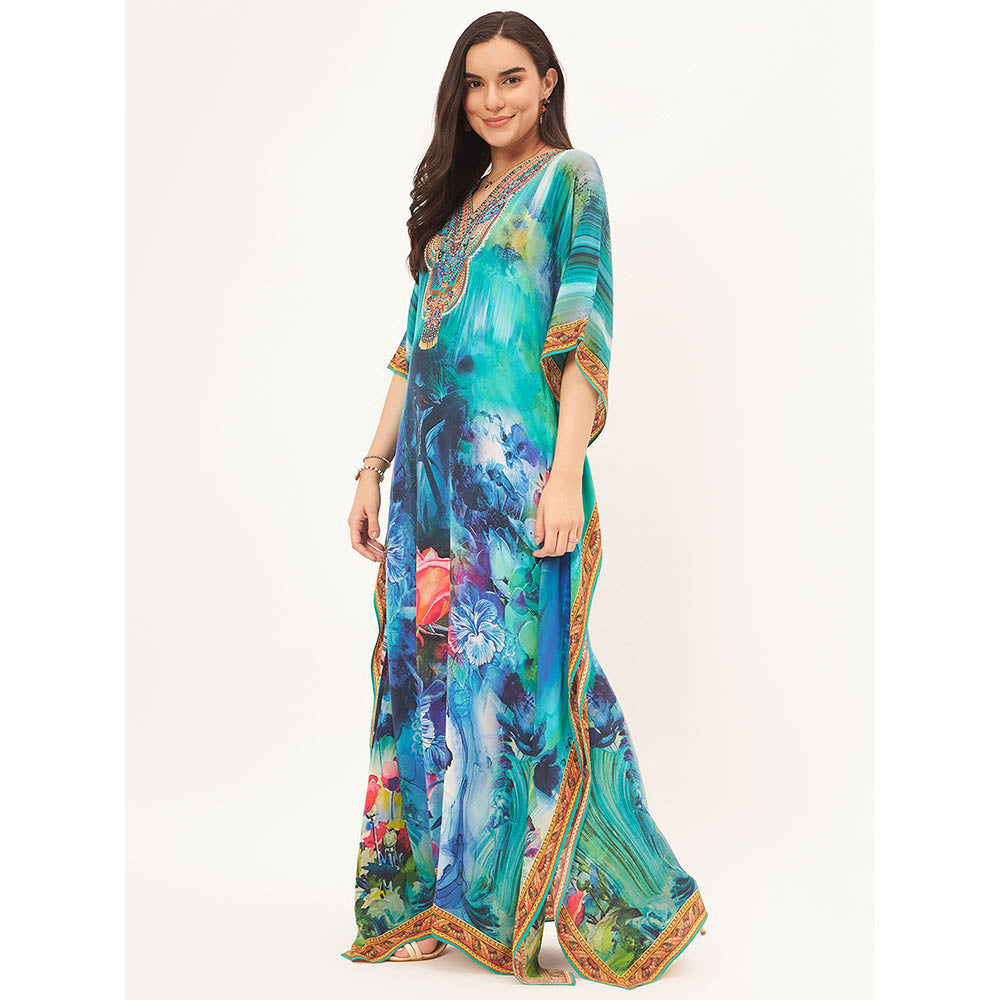 First Resort by Ramola Bachchan Blue & Green Floral Embellished Kaftan Maxi Dress
