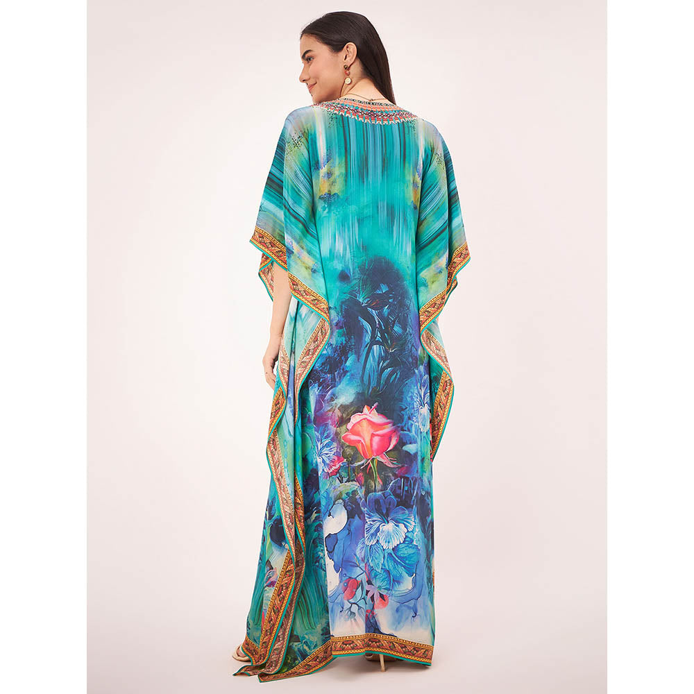 First Resort by Ramola Bachchan Blue & Green Floral Embellished Kaftan Maxi Dress