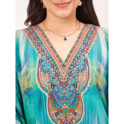 First Resort by Ramola Bachchan Blue & Green Floral Embellished Kaftan Maxi Dress