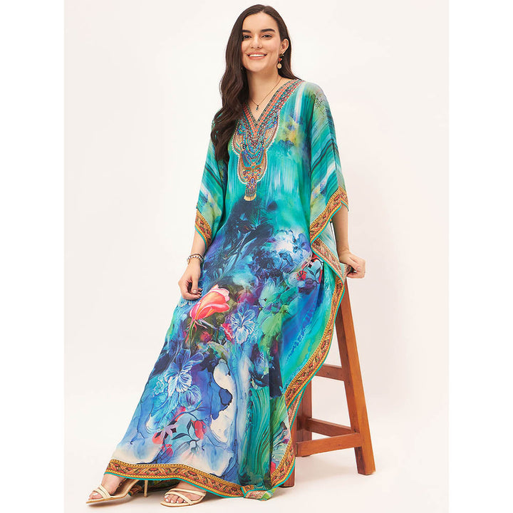 First Resort by Ramola Bachchan Blue & Green Floral Embellished Kaftan Maxi Dress
