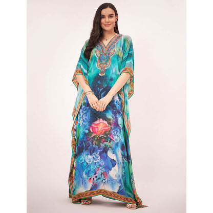 First Resort by Ramola Bachchan Blue & Green Floral Embellished Kaftan Maxi Dress
